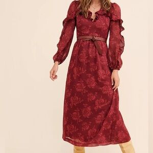 Anthropologie Burgundy Floral Midi Dress